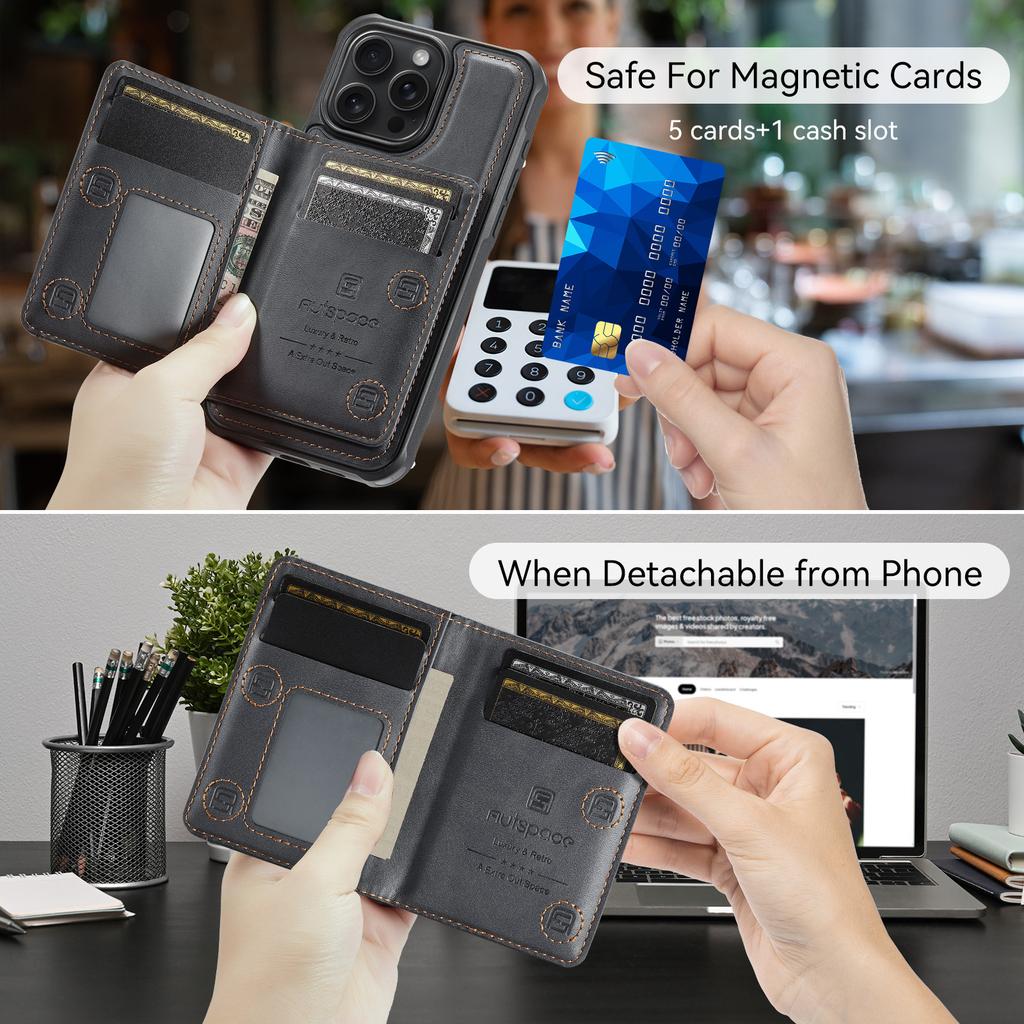 For iPhone 16 Pro Case AUTSPACE A13 Vintage Leather Back Cover with Magnetic Detachable Card Bag