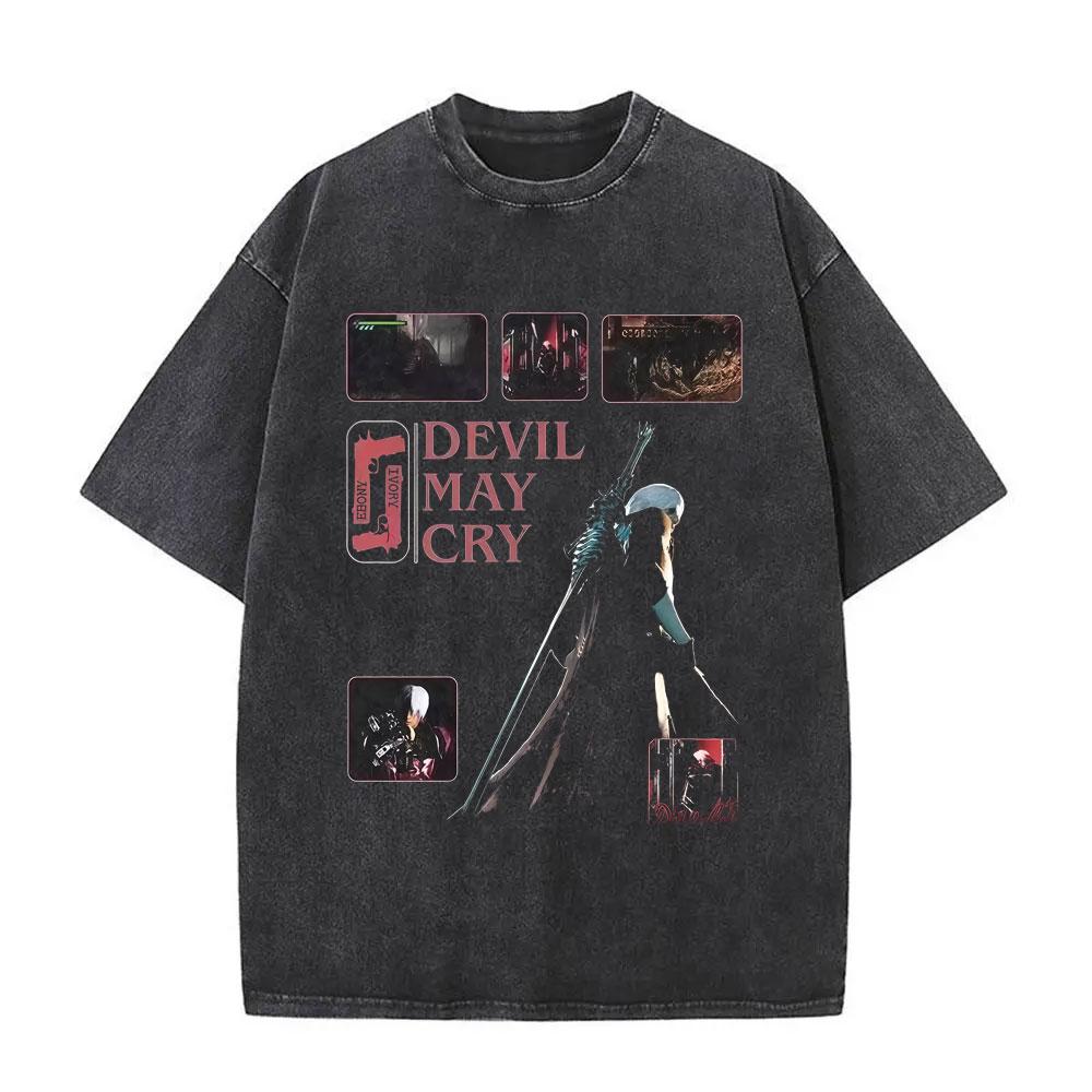 Game Devil May Cry Dante Retro Washed T Shirt Men Women Vintage Gothic Oversized Tshirt Mens Casual Cotton Tshirts Streetwear