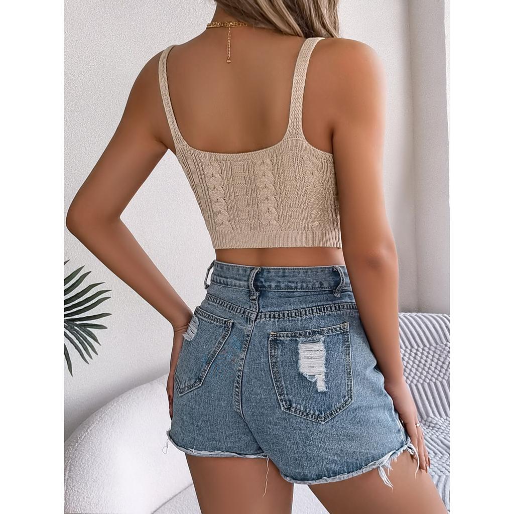 GMXIA Spring Summer Solid V-neck Twisted Crop Crop Top Vacation Knitted Sweater Women's Wear