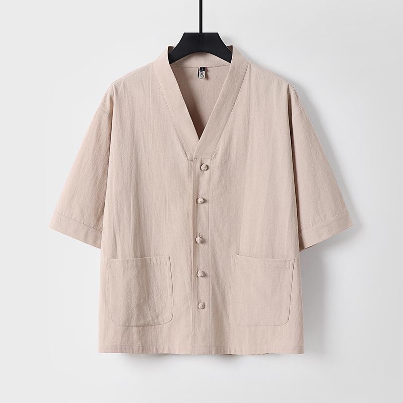 

Men Summer Linen Shirts Plus Size Three-quarters SleeveCasual Solid Color Shirts XL