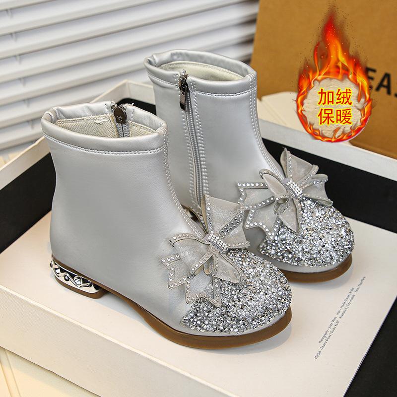 Automne Bottes En Cuir Diamantées à Eau Pour Enfants Semelle Épaisse Antidérapantes Bottines Filles à Lacets Simples Polyvalentes Bottes Décontractées Enfant