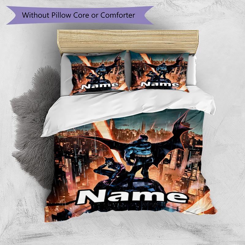 3pcs Duvet Cover Set (1*Duvet Cover + 2*Pillowcase, Without Core), Custom Name Batman Pattern Bedding Set, Home Bedroom Decor Gift