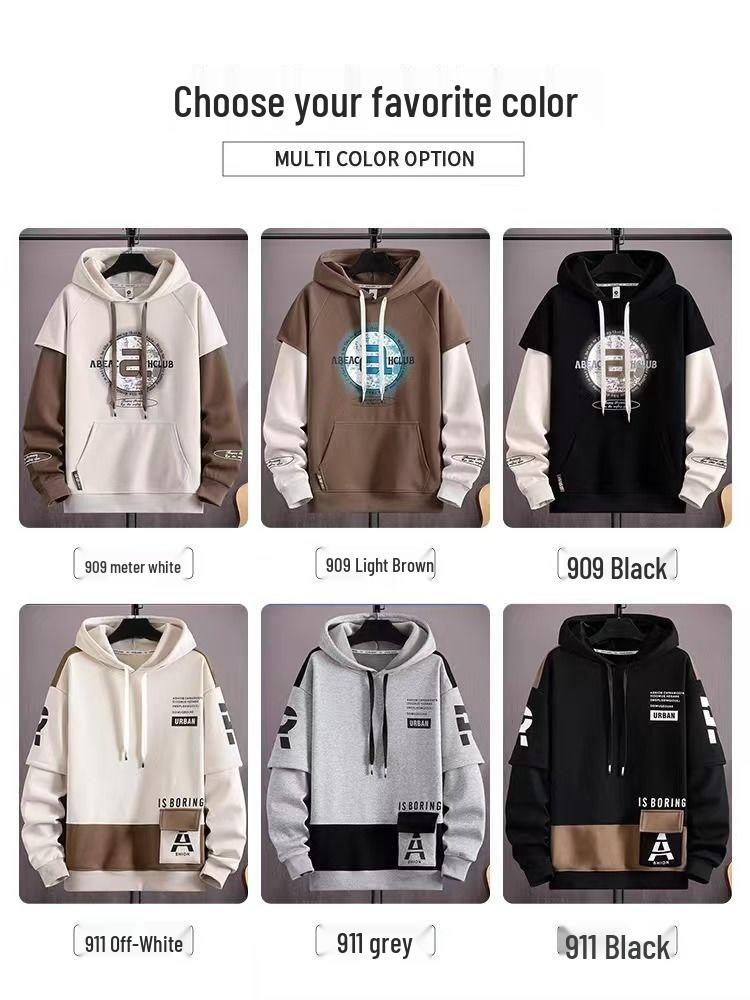 Men's Trendy Letter Print Hooded Sweatshirt - Spring & Autumn Faux Two-Piece Casual Sports Jacket