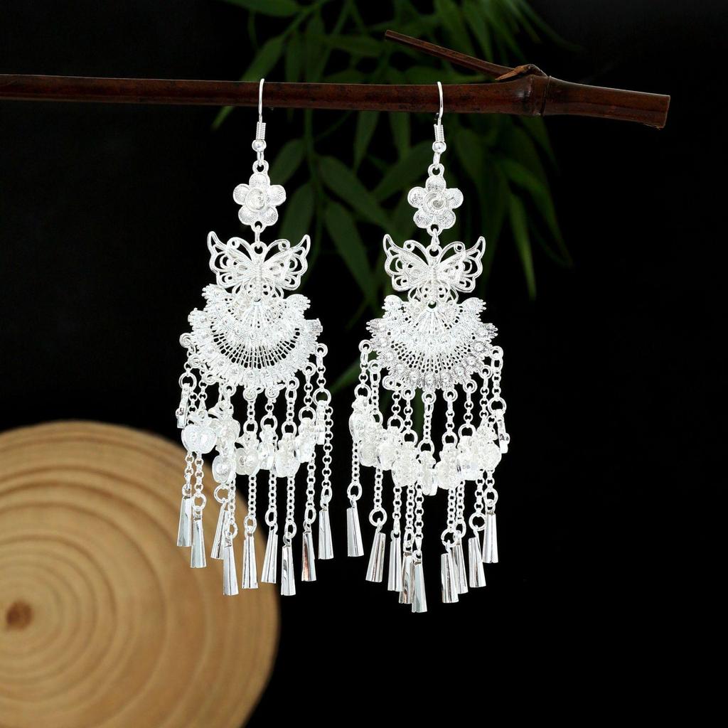 Miao Silver Tassel Earrings: Ethnic Style, Fashionable Exaggeration, Light Luxury Design