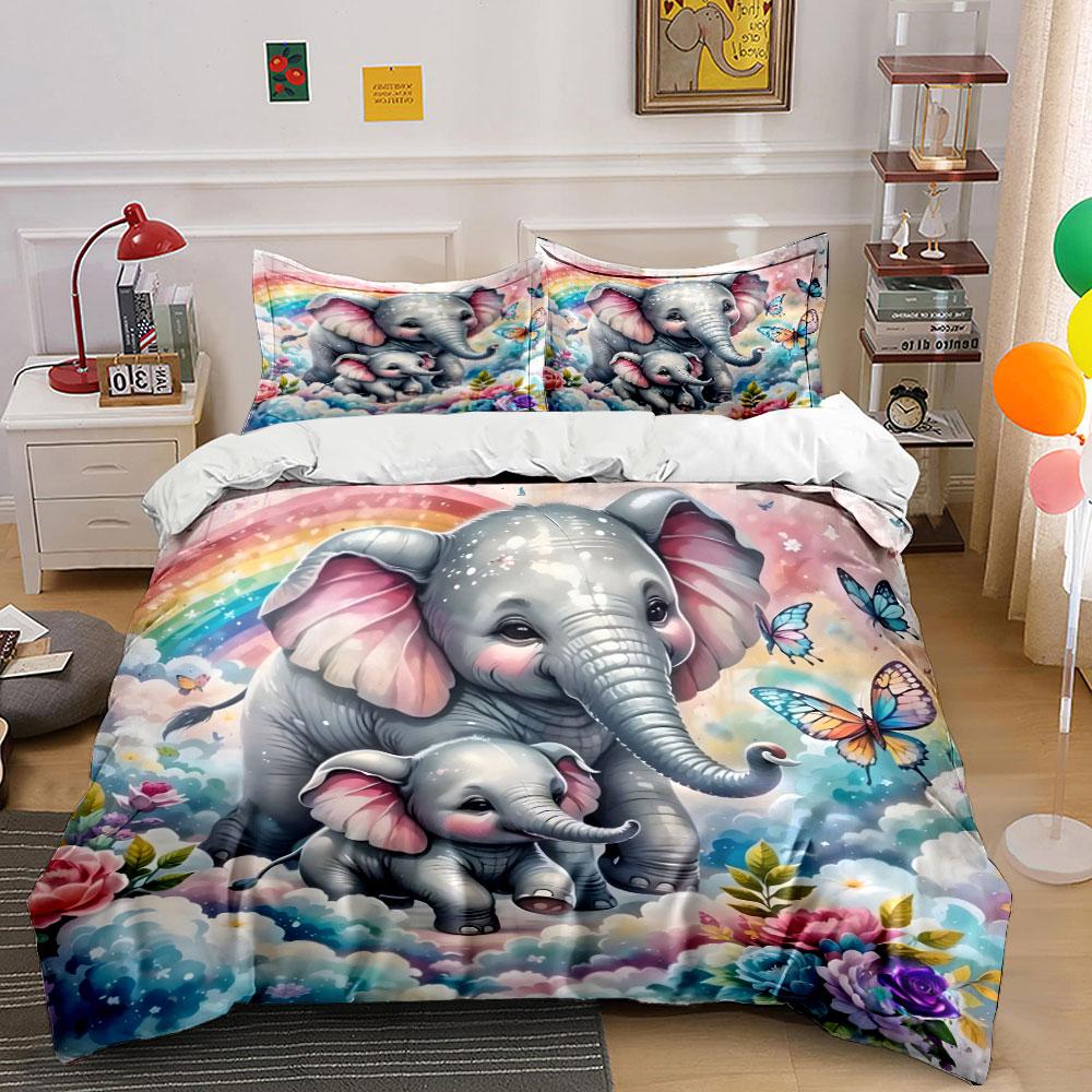 Colorful Elephant Family Decor Set Multiple Sizes Kid'S And Adults' Bedroom Exquisite 3Pc Bedding Set, Gift