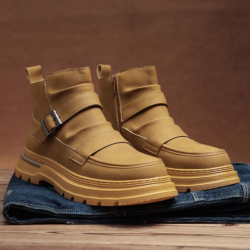 WAERTA Autumn Winter Thick Base Mid-Top Boots Men’s British Trend Boots High-Top Korean Casual Shoes Motorcycle Boots for Men