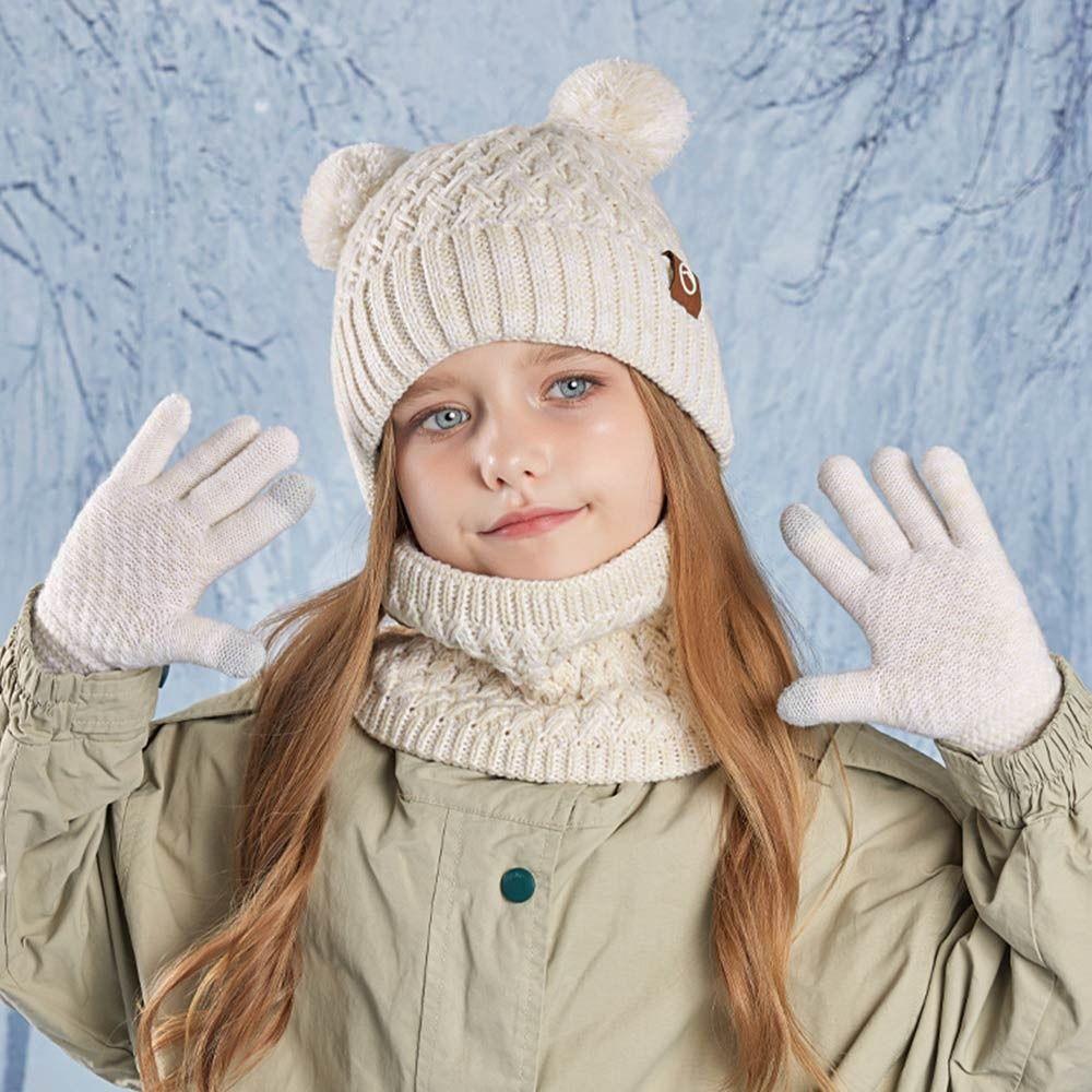 Thickened Beanie Hat with Pom Warm Touchscreen Gloves Casual Kids Hat Gloves Scarf Set