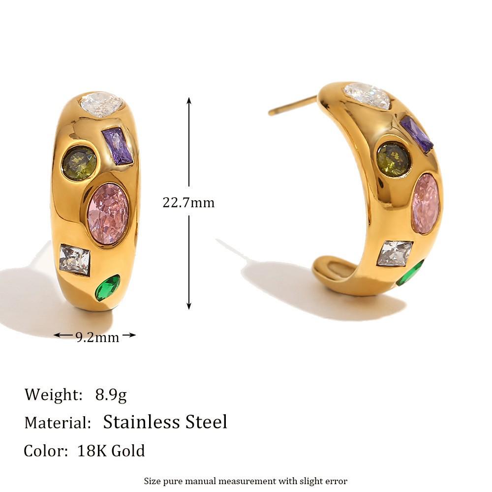 18K Gold Plated Geometric Light Luxury Earrings with Titanium Steel, Colored Diamond, and Pearl Moon Design for Women