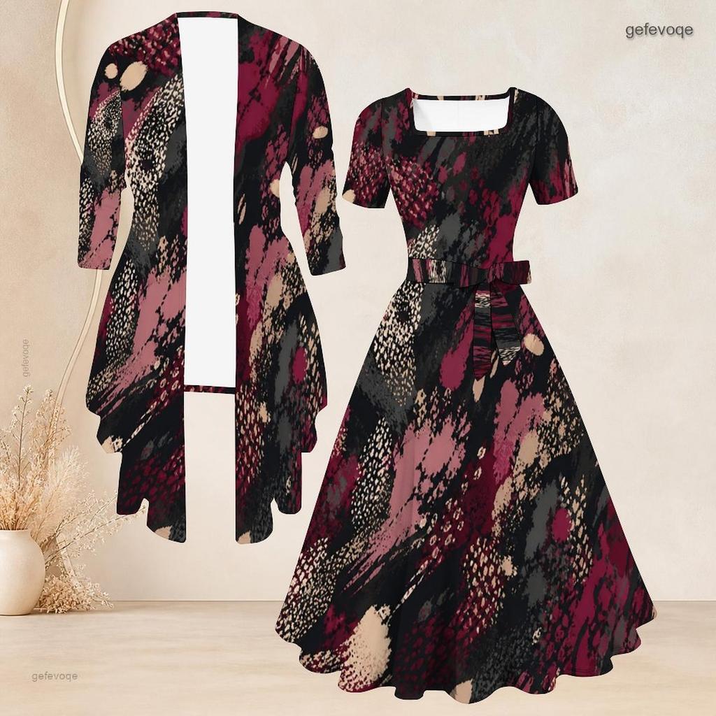 Women Plus Size Two Piece Set Long Sleeve Open Cardigan Square Neck Short Sleeve Tie Waist Printed Flared Dress