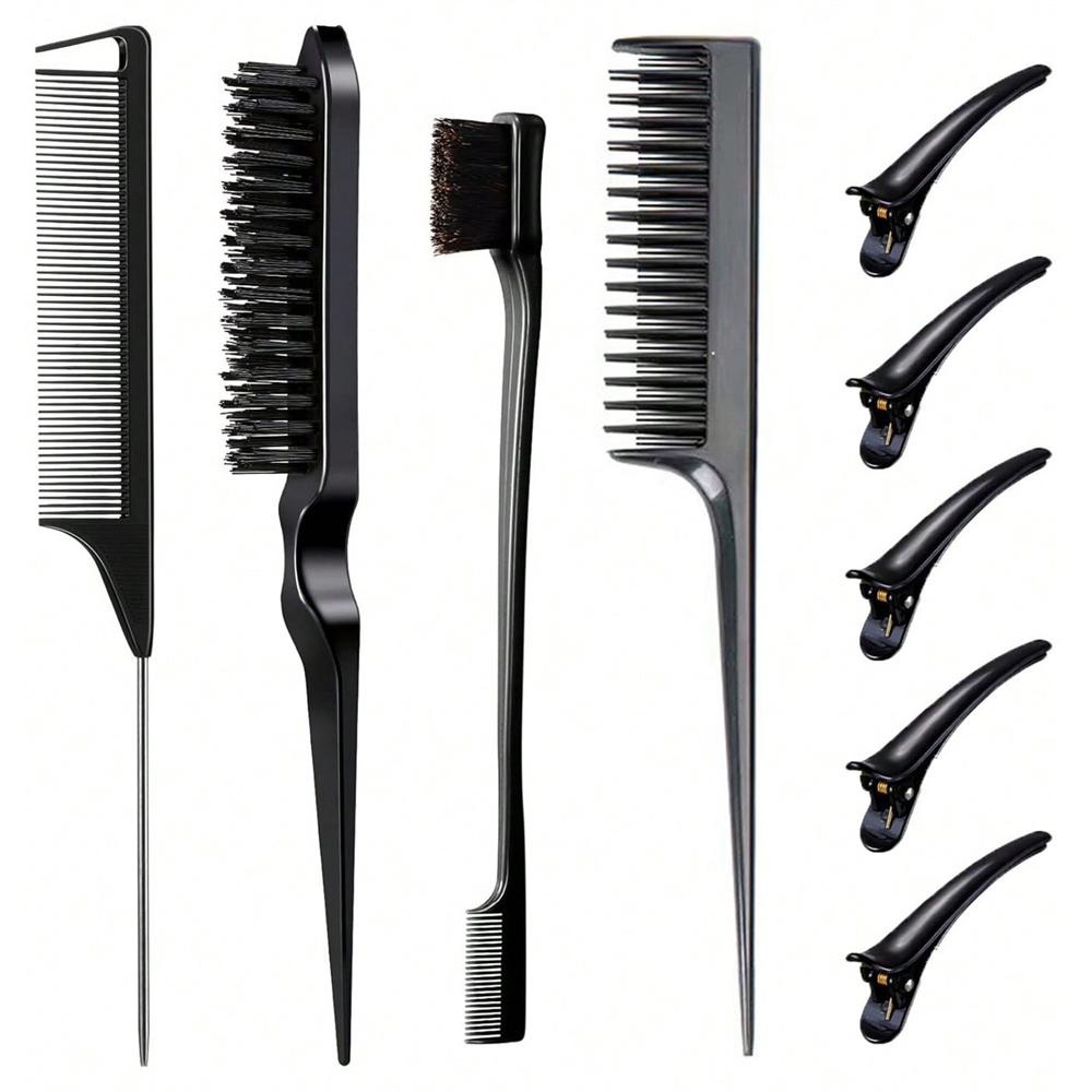 

9pcs/set Hair Styling Comb Set Teasing Hair Brush Rat Tail Combs Edge Brush Hair Clips Barber Hairdressing Tool чорний