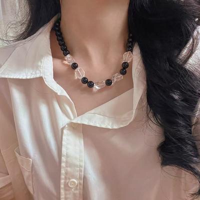 Vintage High Quality Natural Black Agate White Crystal Contrasting Color Design Collarbone Chain Necklace