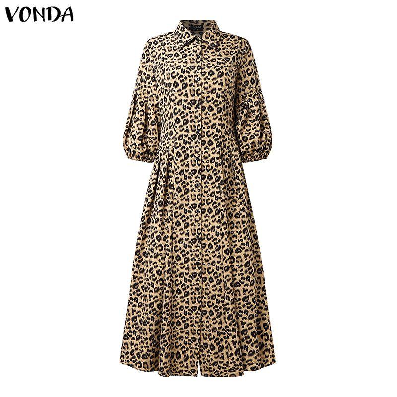 VONDA Vintage Women Puff Sleeve Leopard Print Buttons Up Long Pleated Dress