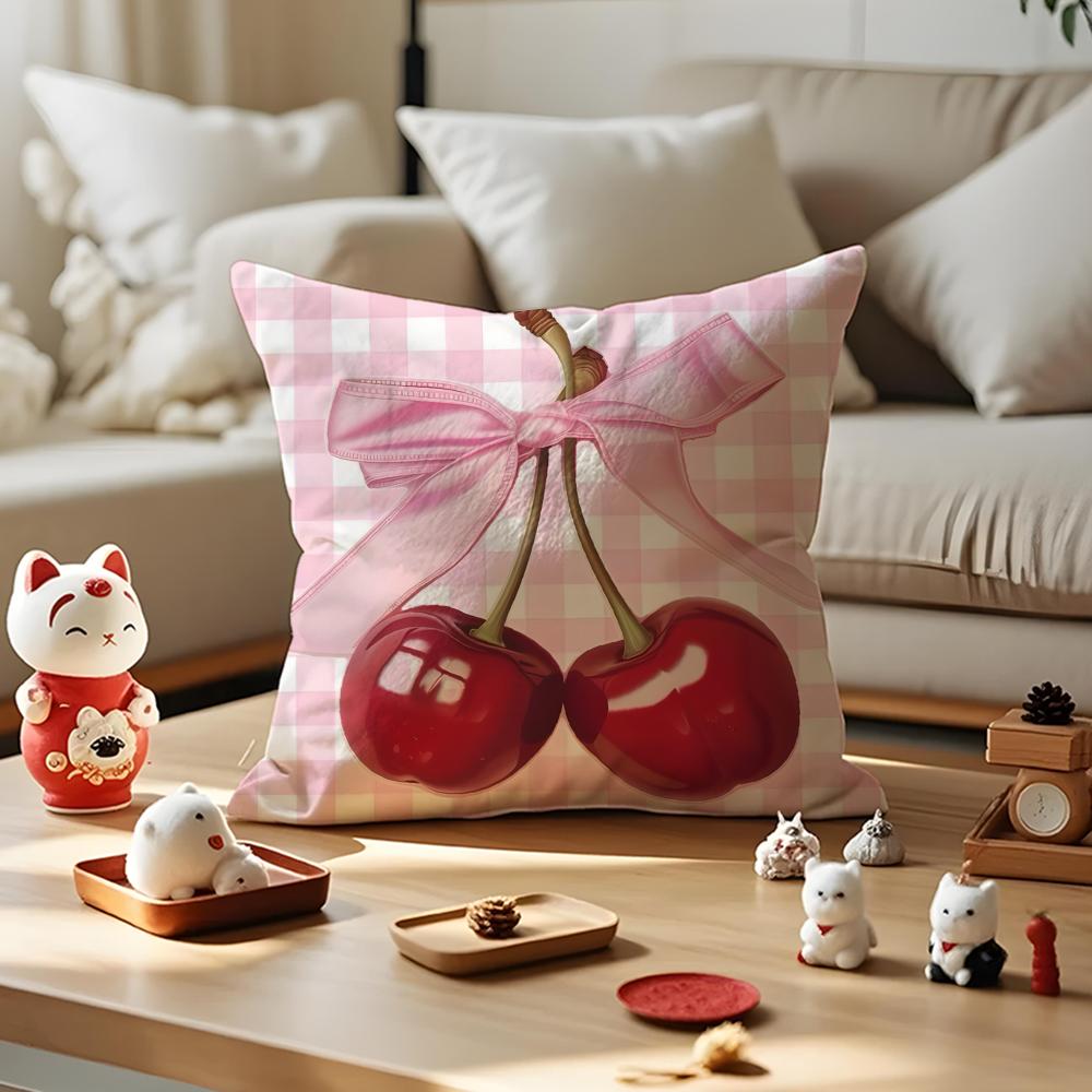 Beautiful Pink Bow Cherry Cushion Cover Anti-Dustmite Pillowcase Invisible Zipper Silky Short Plush Sofa Cushion Cover