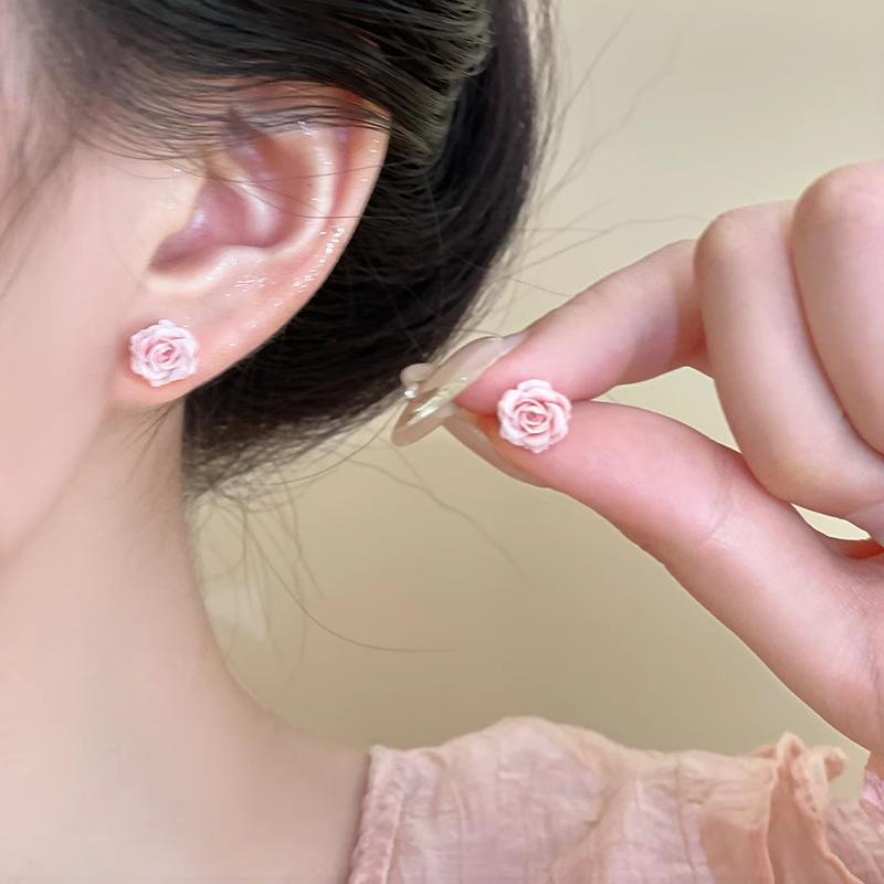 Pink Rose Flower Stud Earrings for Women - New Style, Elegant Earrings with Luxurious and Niche Design Elements.