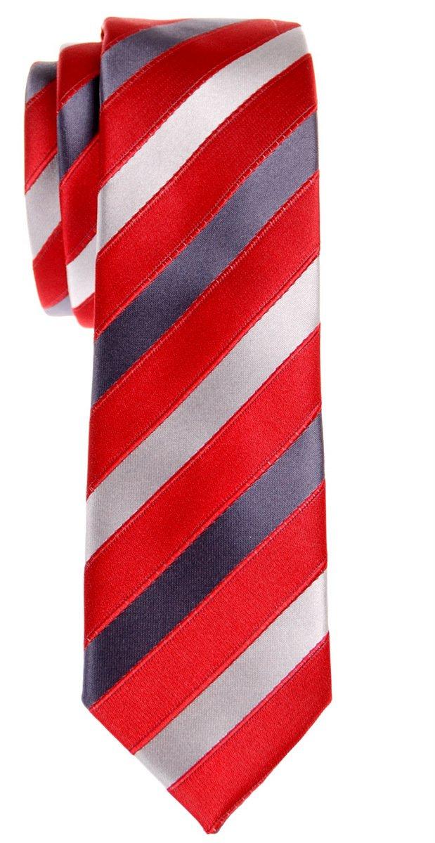 (RETREEZ) RETREEZ 3-Color Stripe Microfiber Woven Fabric Slim Tie - Red & Gray