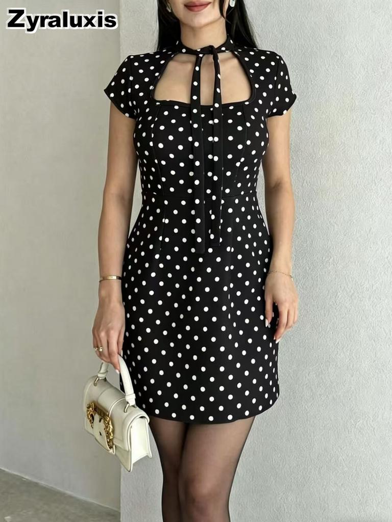 Women's Elegant Fashion Summer New Style French Polka Dot Tie Waist Slim Fit Mini Dress