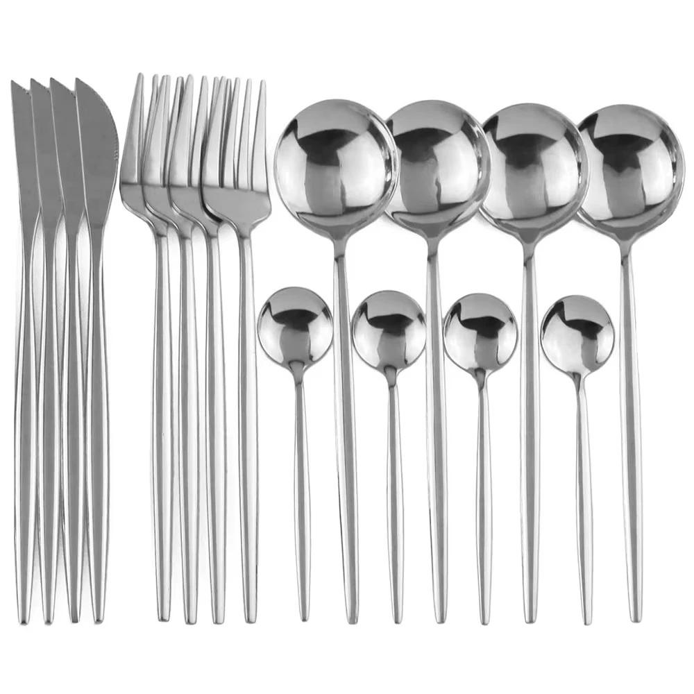

16 шт./набор Набор столовой посуды Роскошный черный набор столовых приборов Вилка из нержавеющей стали Нож Чайная ложка Обеденный Кухонный Набор столовых приборов серебряный