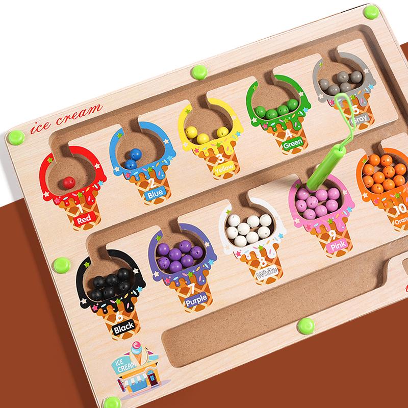 Montessori Magnetic Color Sorting Games Maze Board Pen Moving Bead Games Wooden Control Sensory Play Educational Toys for Kids