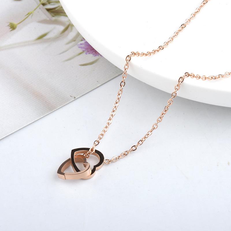 Korean Fashion Real Gold Heart-Shaped Clavicle Necklace for Women with Double Ring Design