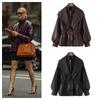Damen PU-Lederjacke Weiter Revers Stehkragen Elastische Taille Puffärmel Oberbekleidung
