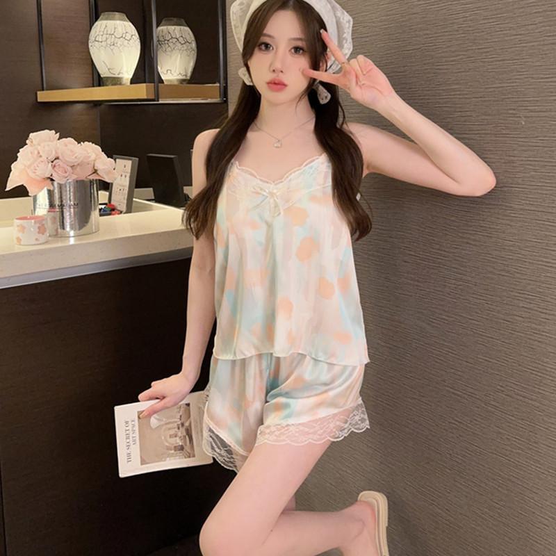 Summer New Ice Ribbon Chest Pad Sweet and Cute Pure Sexy Lace Suspender Shorts Printed Two-piece Set Women's Spring and Autumn