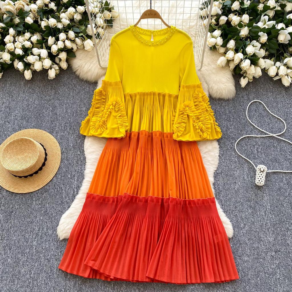 Miyake's New Color Matching Crew Neck Bead Temperament Large Size Women's Pleated Dress