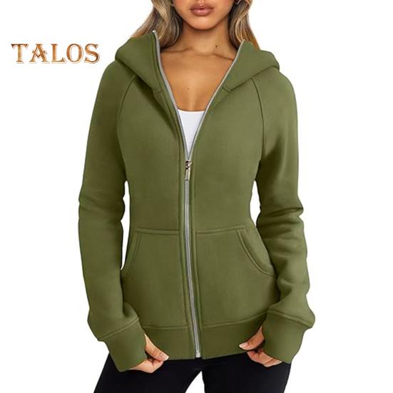 Lady Hoodie Jacket Plush-lined Solid Color Zipper Closure with Pockets Elastic Cuffs And Hem Long Sleeves Cardigan Casual Daily Coat