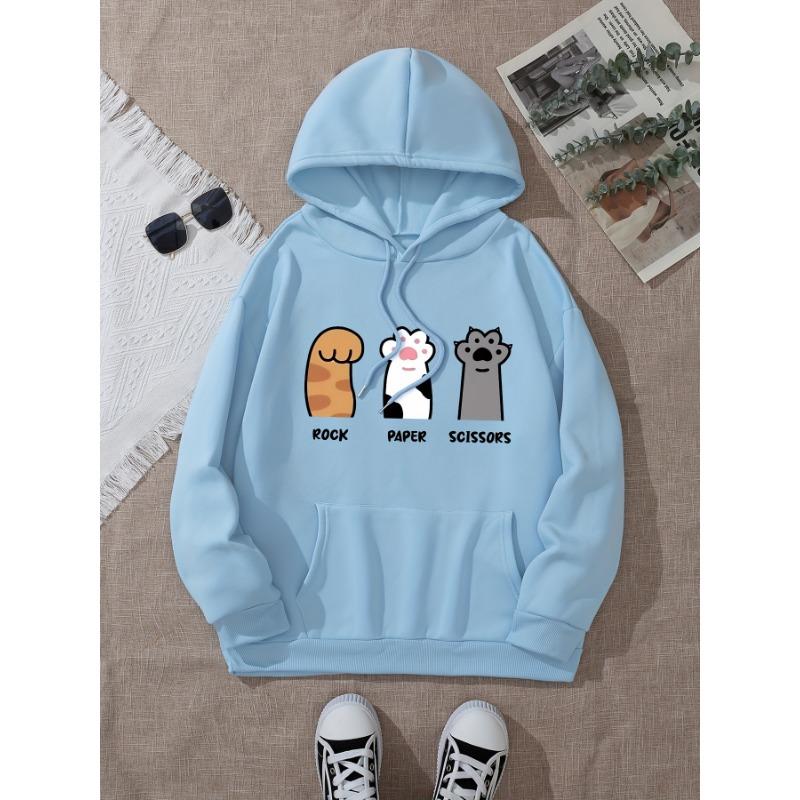 Three Cat Paws Graphic Print Hoodie, Drawstring Casual Hooded Sweatshirt for Winter & Fall, Women's Clothing