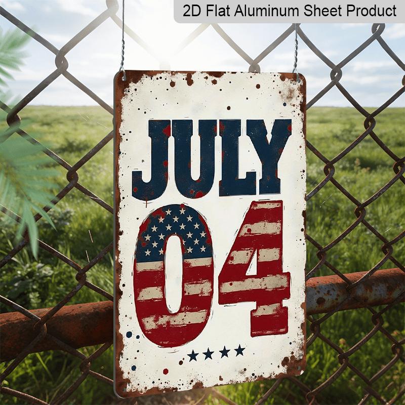 2D Flat, 8x12 Inch Vintage July 4th Metal Wall Decor - Distressed American Flag Sign Suitable for Independence Day, Rustic Aluminium Hanging