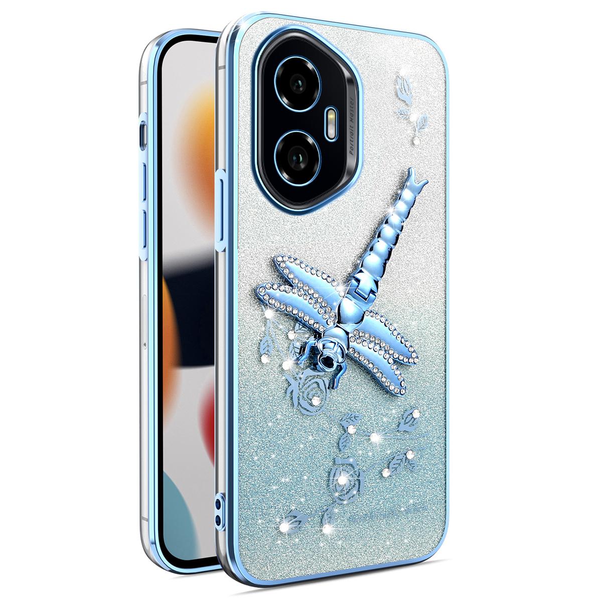

KADEM For Honor 300 Case Dragonfly Kickstand TPU Flowers Glitter Phone Cover Blue