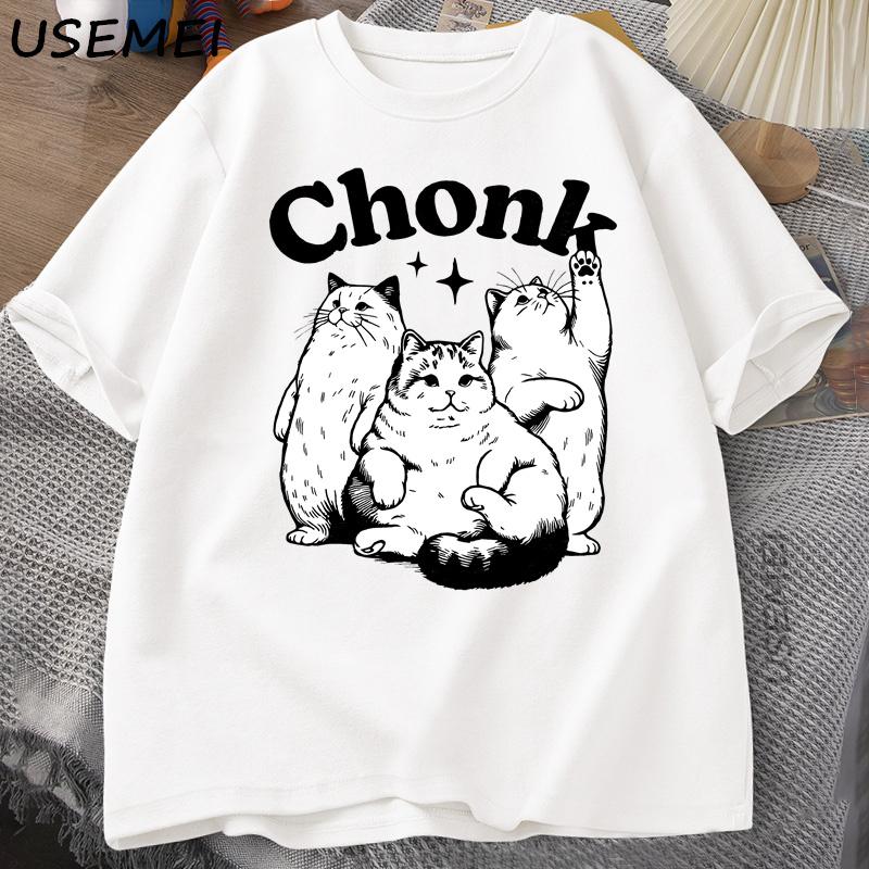 Funny Chonk Cat T-Shirt for Men Cute Fat Cat Tee Shirt Minimalist Meme Graphic Tee Pet Owners Cat Lovers T Shirt Clothing