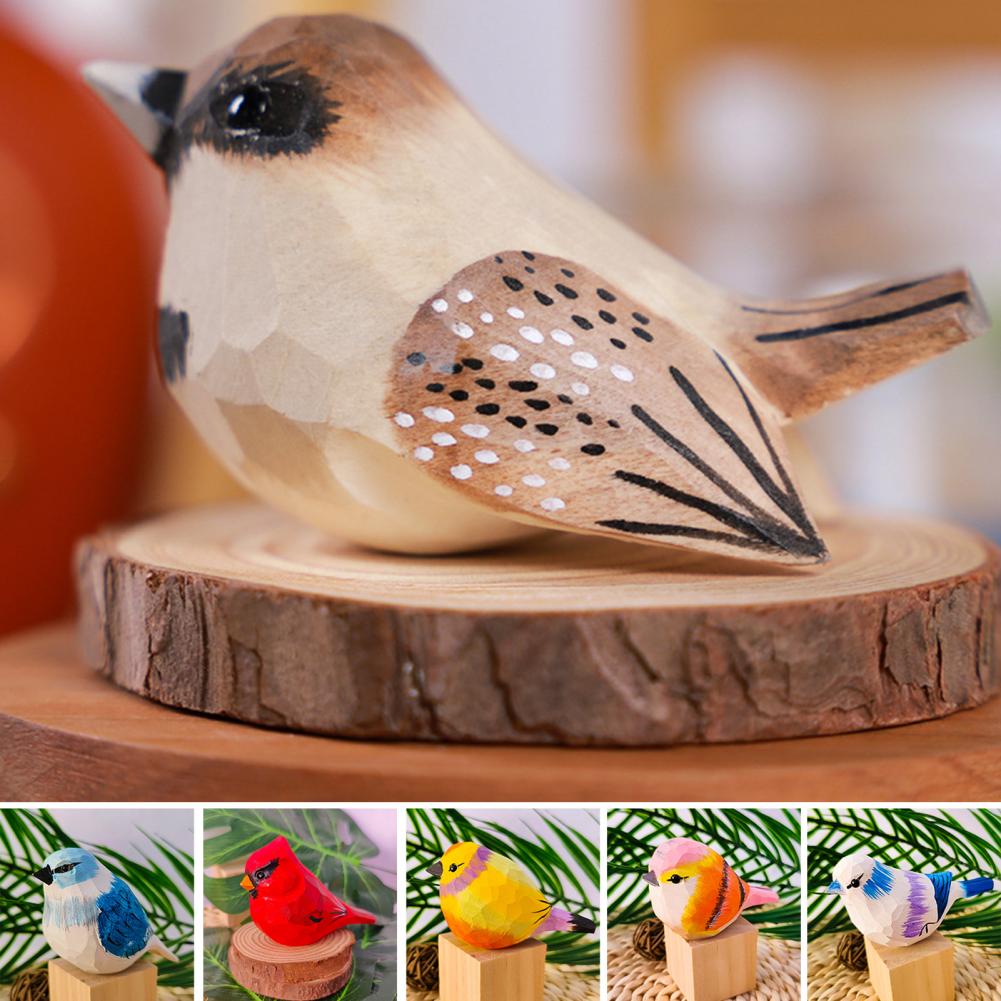 Colorful Fly Bird Sparrow Small Statue Figurine Ornament with Wood Base Art Bird Carving Decor Feather Animal Model Desktop