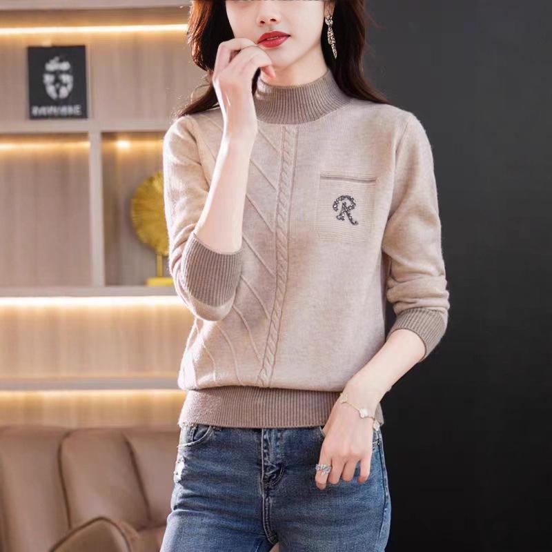 Half Turtleneck Sweater Thick Long-sleeved Knitted Sweater for Women In Autumn and Winter Loose Color-blocked Pullover
