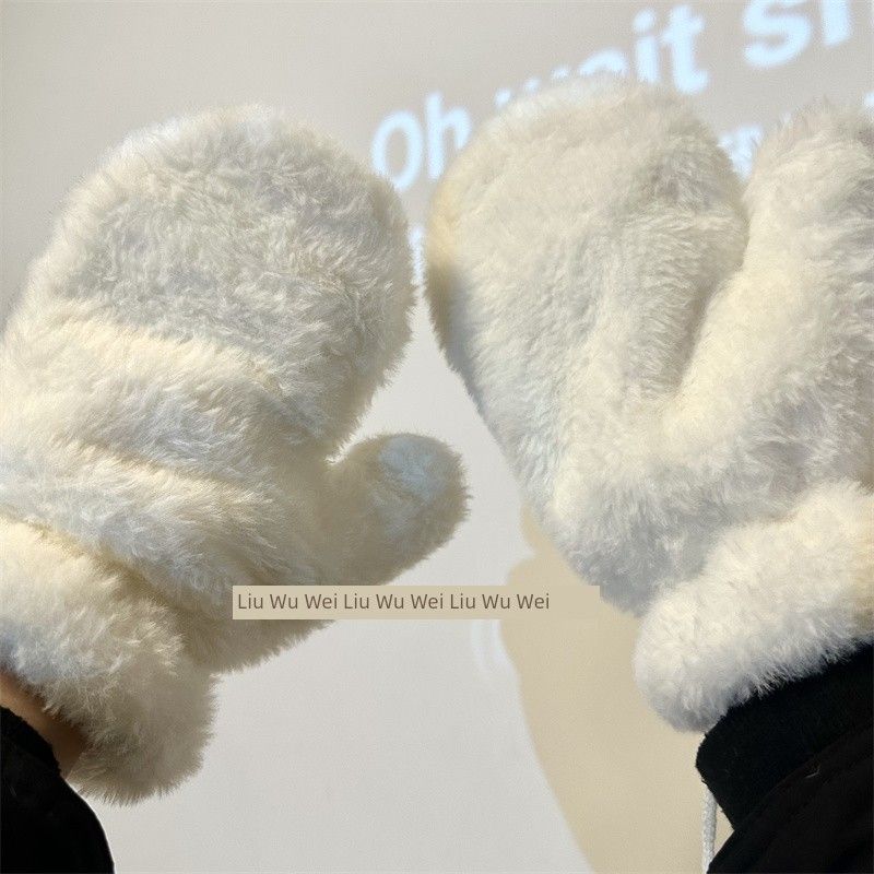 

Winter 2025 New Arrival Fleece-lined Thickened Gloves Female Winter Student Finger Stuffed Cold-Proof Warm and Cute Male Cycling White All yards