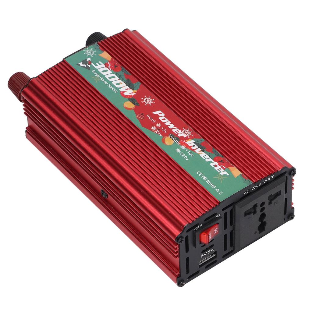 Invertor de putere Aliaj de aluminiu DC12V la Putere AC Invertor cu undă sinusoidală cu zgomot redus pentru încărcare multifuncțională 3000W Roșu 110V