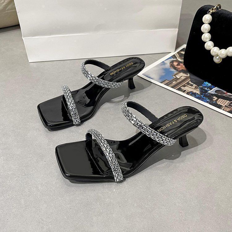 French Temperament Rhinestone Cool Slippers Square Head Thick Heel with High Heel Slippers Fairy Shoes 2025 Summer New