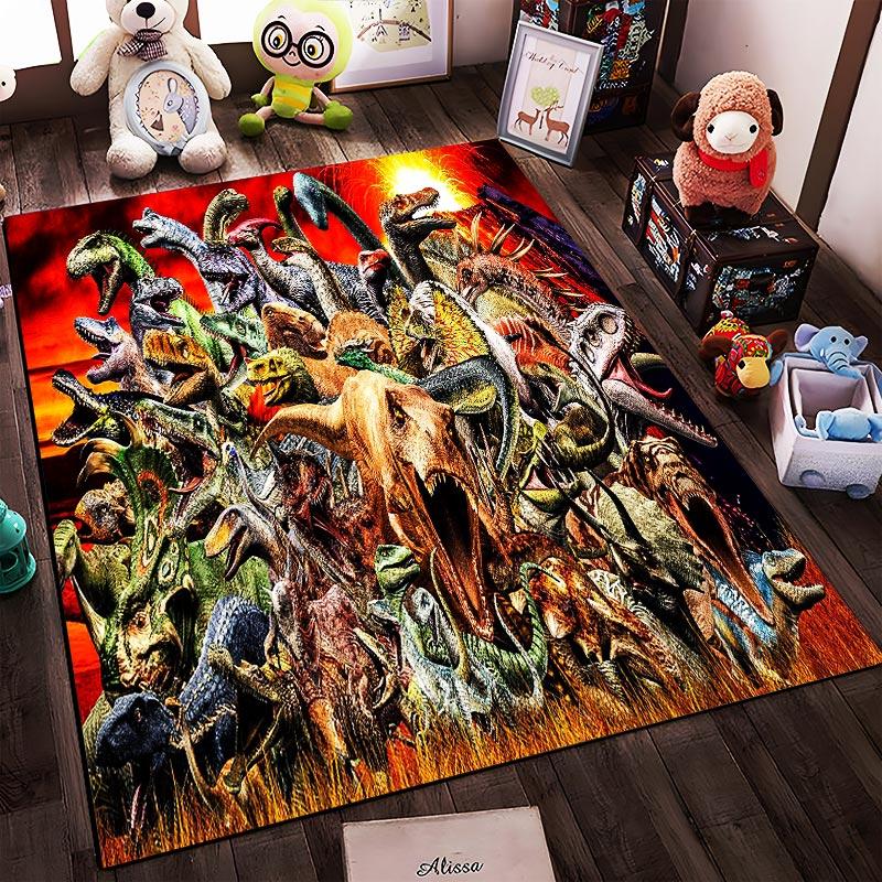Epic Dinosaur Battle Scene Carpet - Colorful Jurassic Design with Fiery Volcano Suitable for use as an anti-slip1 for1room and bedroom sofas