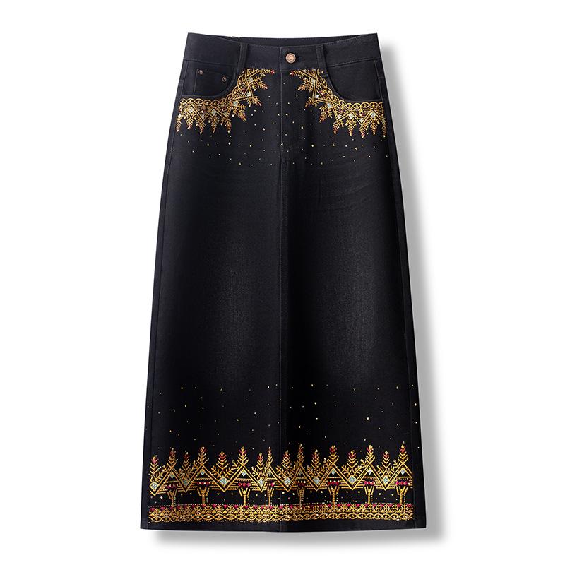 25 Spring/Autumn Women's High-Waist Denim Skirt with Colorful Embroidered Edge and Slit
