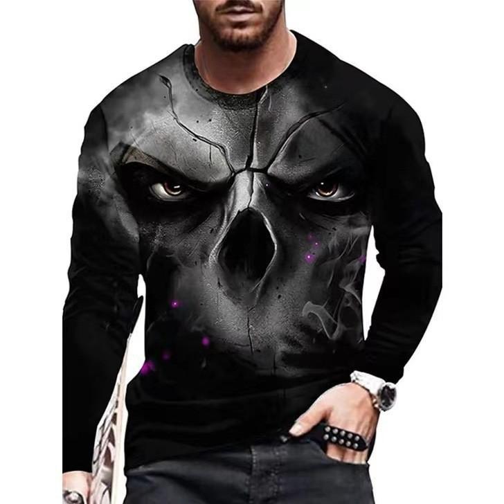 

Spring and Autumn Round Neck Funny Skull Pattern 3D Printed Top Fashionable Casual Long Sleeved Men s T-shirts S