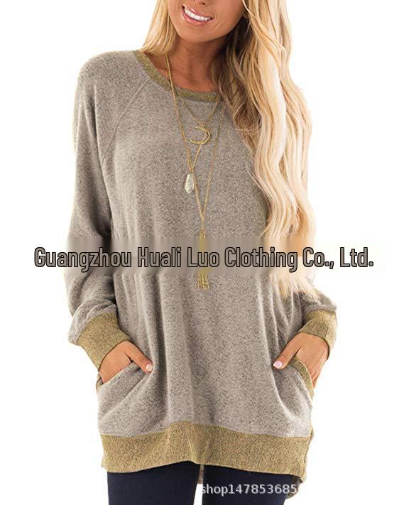 Sweatshirt à col rond bloc de couleur avec poche pour femme - Manches longues T-shirt décontracté
