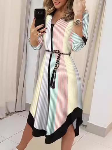 European and American women's clothing long, geometric V-neck color matching shirt with belt