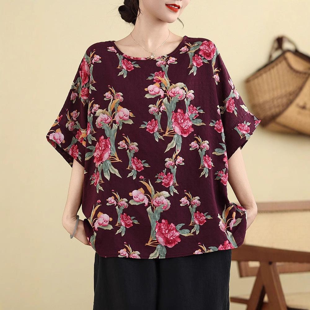 Cotton and Linen Large Size Women's Literary New Style Shirt Mother Retro Mid-sleeved Loose Printed Blouse T-shirt Base Top