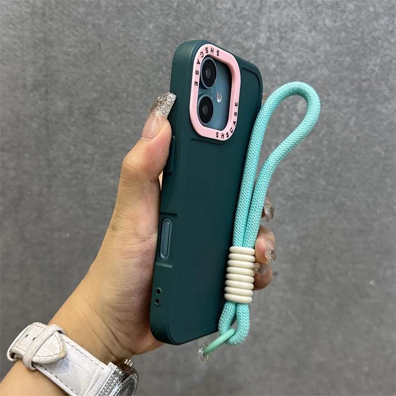 Fashion Lens Collision Color Wrist Strap Cases for iPhone 17 16 15 14 13 12 11 Pro Max Plus 17 Air Matte Silicone Lanyard Cover