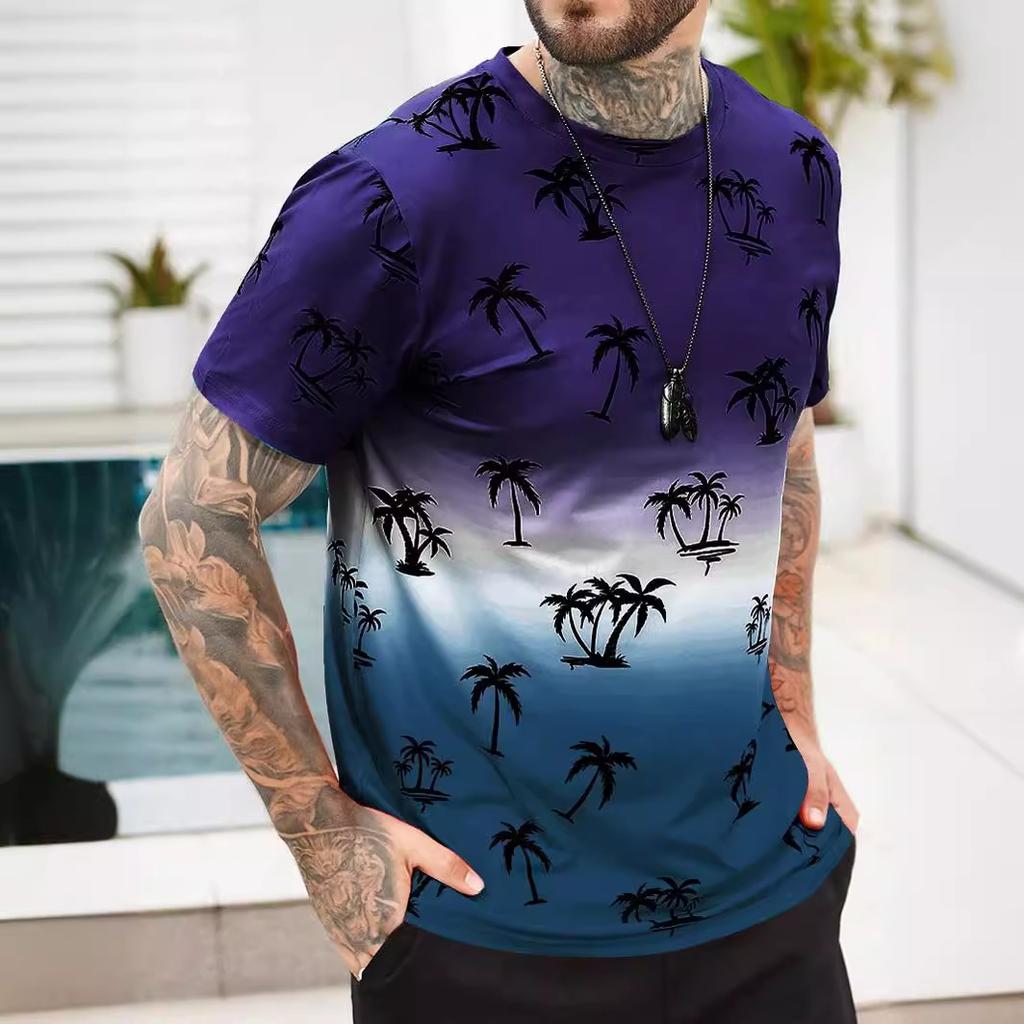 Summer Round Neck 3D Gradient Coconut Tree Pattern Print Top Fashionable Casual Short Sleeved Men's T-shirts