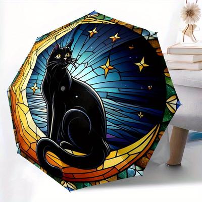 1pc Stained Cat Automatic Open/Close Umbrella, Umbrella with Cartoon Design, Portable Compact Umbrella for Men & Women, Good Holiday Gift Yy
