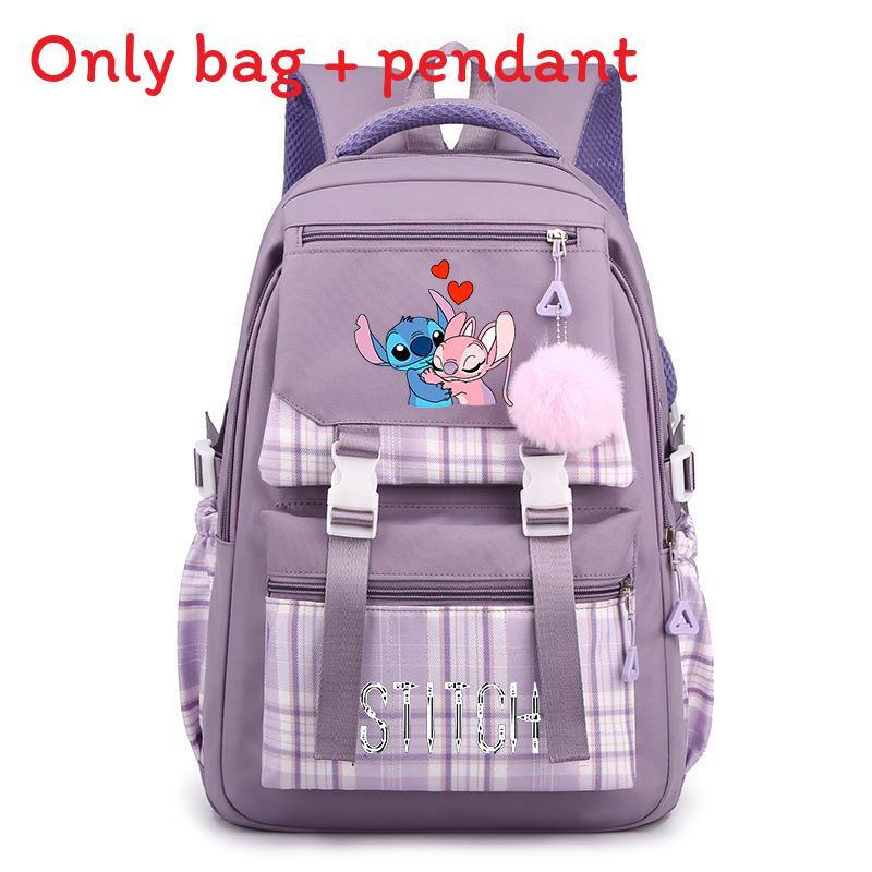 Cute Girl Backpack For School With Stitch Print And Checkered Patchwork Design For Middle School Students