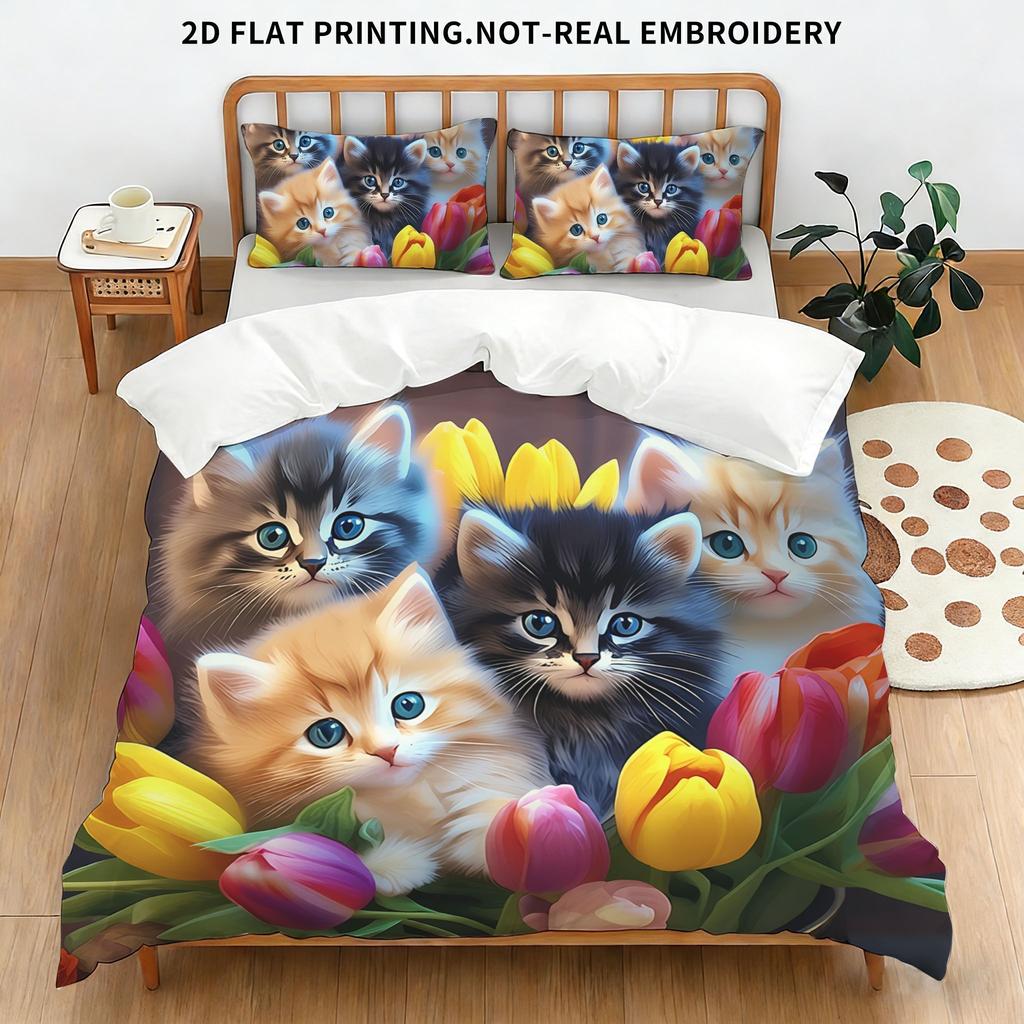 Whimsical Black Cat Art Duvet Cover Set, Colorful Floral & Sun Print Bedding, 2D Flat Printed