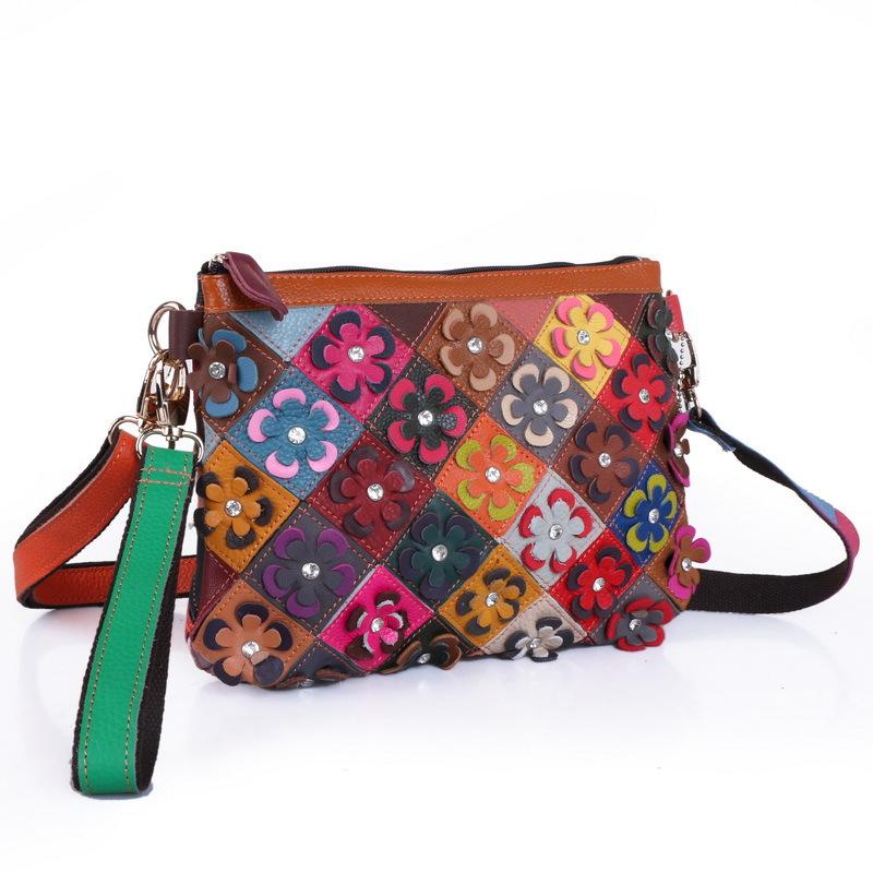 Bags Women'S Bags Sheepskin Portable Shoulder Messenger Bags Splicing Retro Flower Bags
