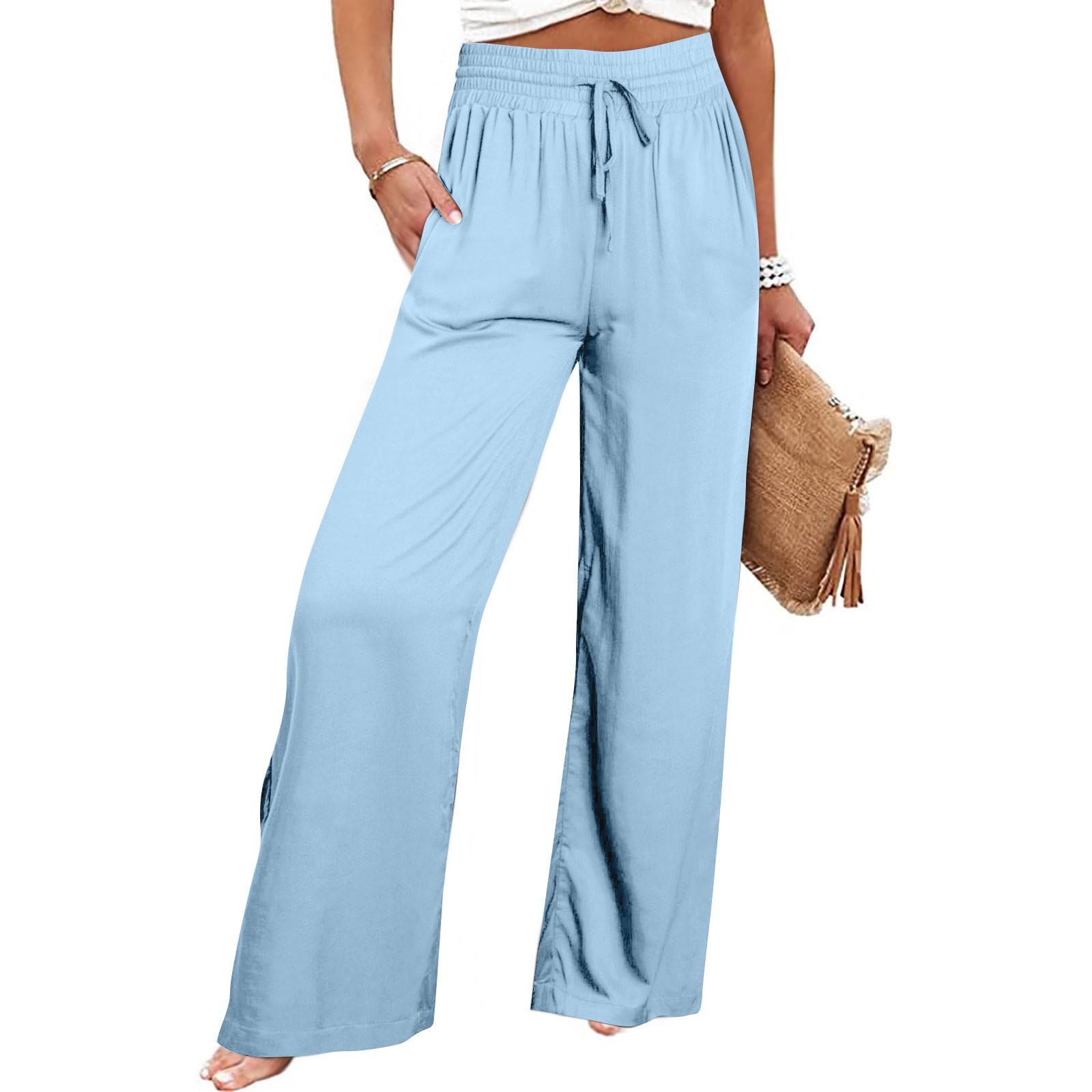 

Жіночі широкі брюки з високою еластичною талією, брюки Palazzo Pants, повсякденні вільні зручні штани з кишенями L світло-синій колір