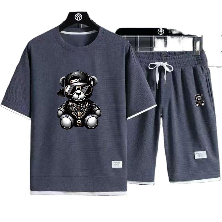 Men's Waffle Knit Two-Piece Casual Sports Set: Short Sleeve T-Shirt & Shorts